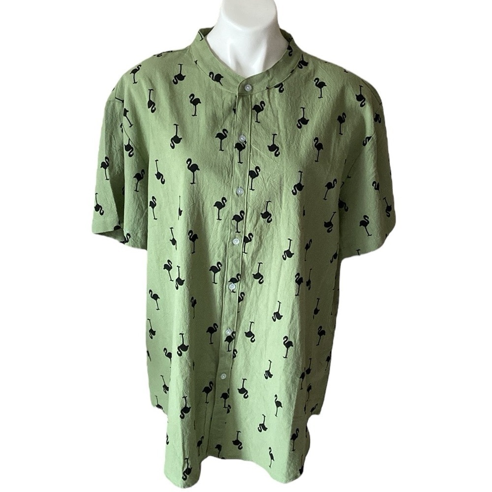 Green Short Sleeve Casual Button Down Shirt with Black Flamingos Vacation
